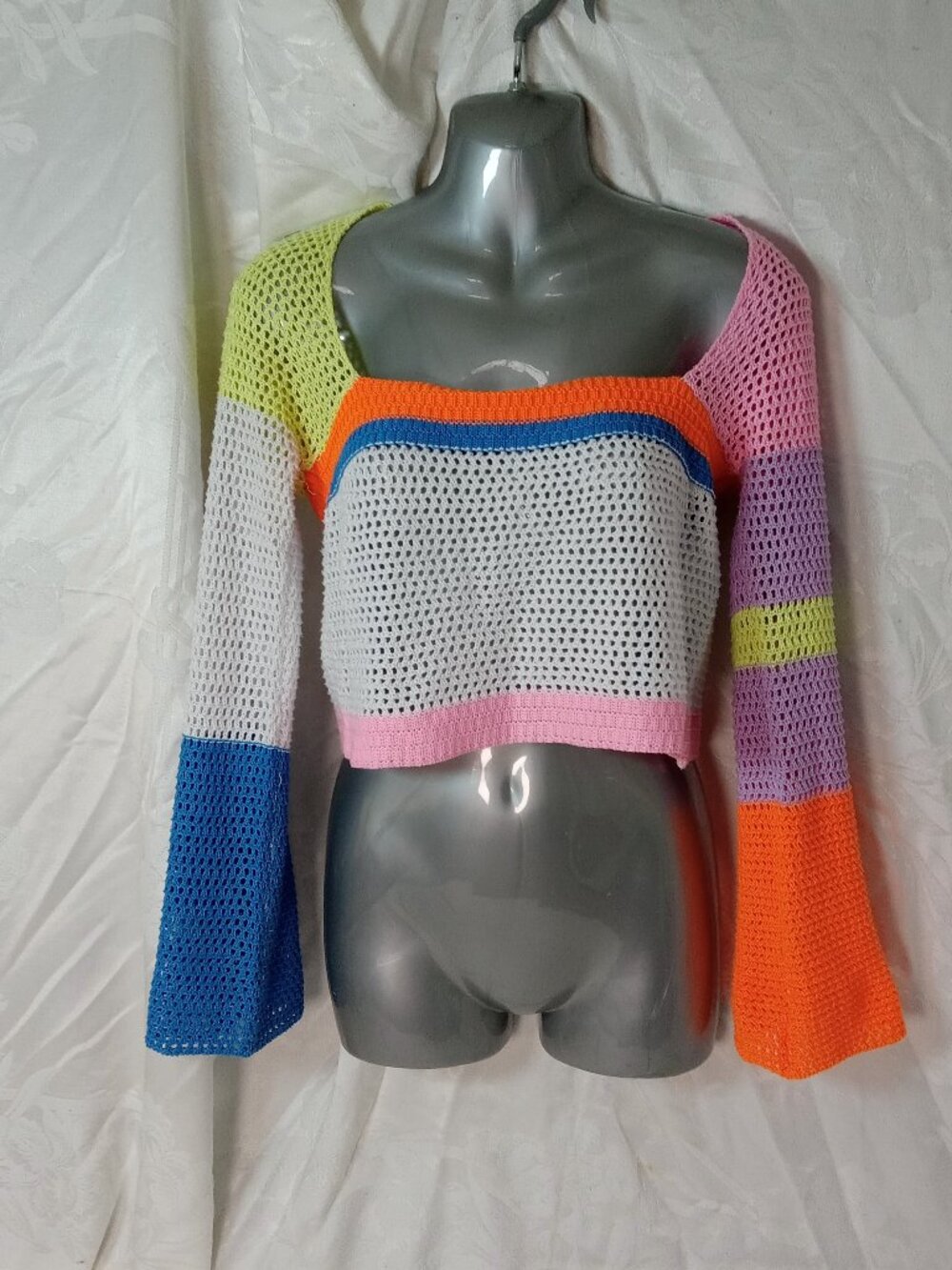 Women Hollow Out Crochet Sweater Sz M Color Block Square Y2K Festival